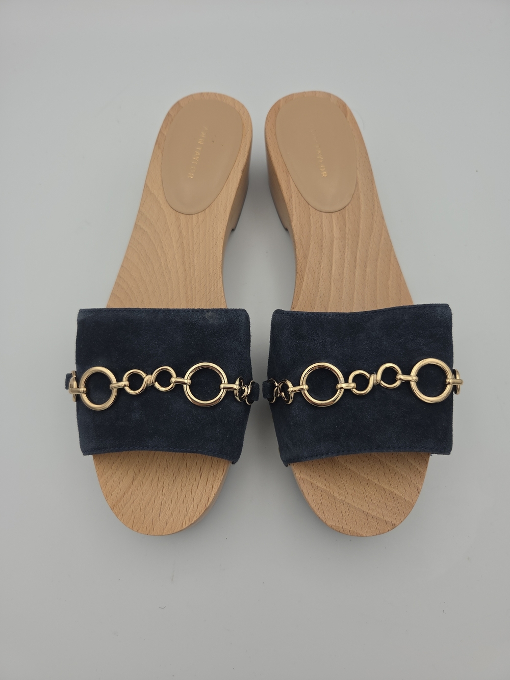Ann Taylor Navy Suede Slide Mules with Gold Chain Detail Size 9